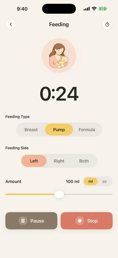 Logging a pump session with amount in Feed Easy