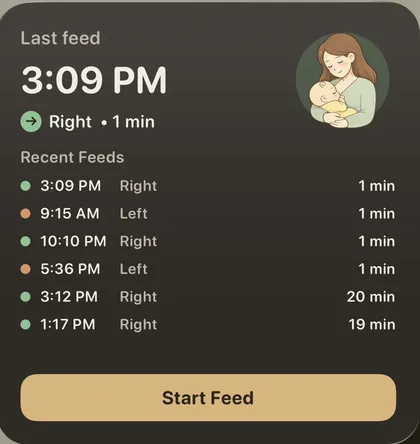 The Feed Easy home screen widget showing the last feed, recent feeds, and a Start Feed button